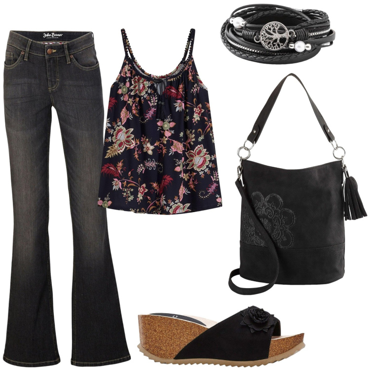 Outfit donna - Denim vintage: anni \'70. Stile 70s per Tutti i giorni. Abbinamento con jeans bootcut, top, borse a mano, braccialetti, sandali.