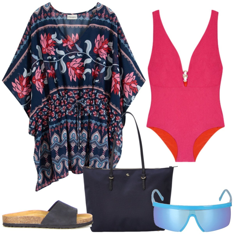 Outfit donna - Al mare. Stile Basic per Mare. Abbinamento con vestiti da spiaggia, borse tote, costumi interi, occhiali da sole, ciabatte.