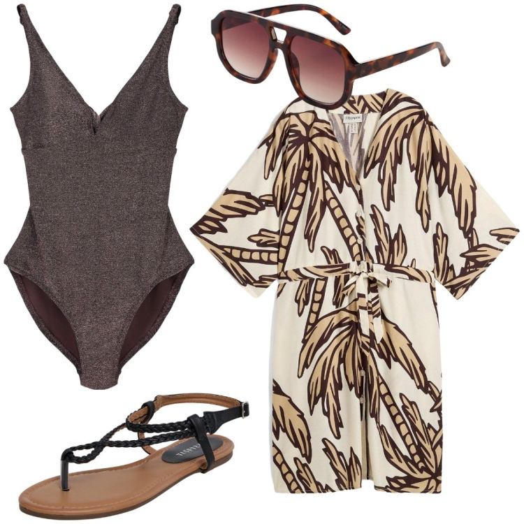 Outfit donna - Vacanze al mare. Stile Casual chic per Mare. Abbinamento con vestiti corti, occhiali da sole, ciabatte, costumi interi.
