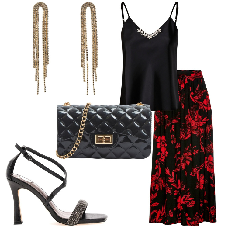 Outfit donna - Total look #2215550. Stile Sexy per Serata fuori. Abbinamento con gonne lunghe, borse a tracolla, orecchini, canottiere, sandali col tacco.