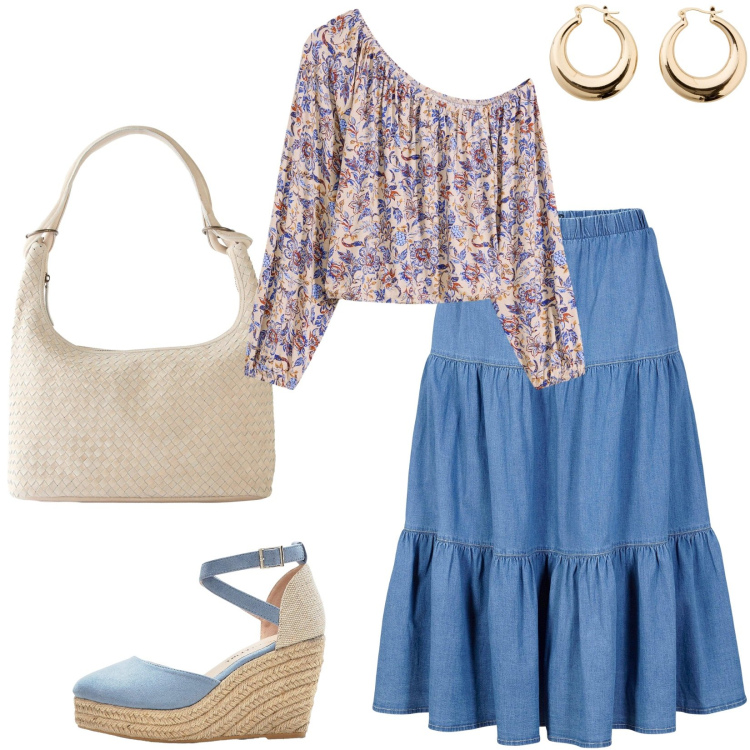 Outfit donna - Denim vintage: anni \'70. Stile 70s per Tutti i giorni. Abbinamento con gonne longuette, sandali, shopping bag, bluse, orecchini.