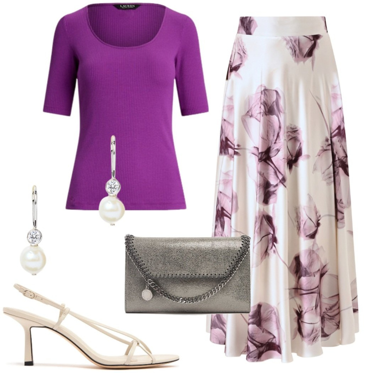 Outfit donna - Inaugurazione. Stile Glamour per Cerimonia. Abbinamento con gonne lunghe, t-shirt, orecchini, sandali in pelle, pochette.