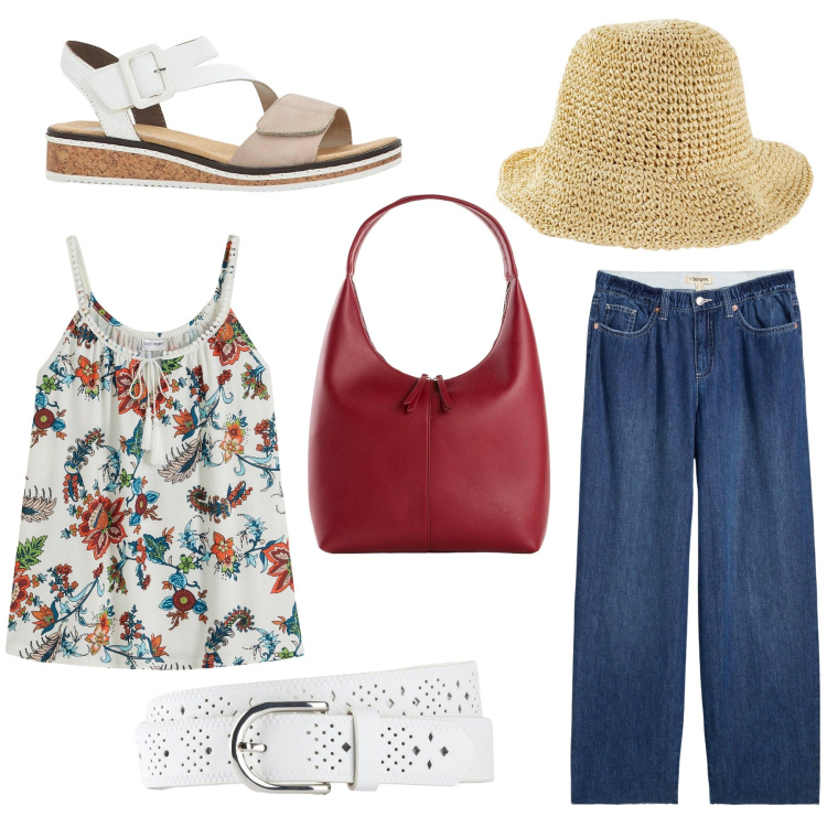 Outfit donna - Total look #2215553. Stile Casual per Tutti i giorni. Abbinamento con jeans, top, shopping bag, cappelli, cinture, sandali.