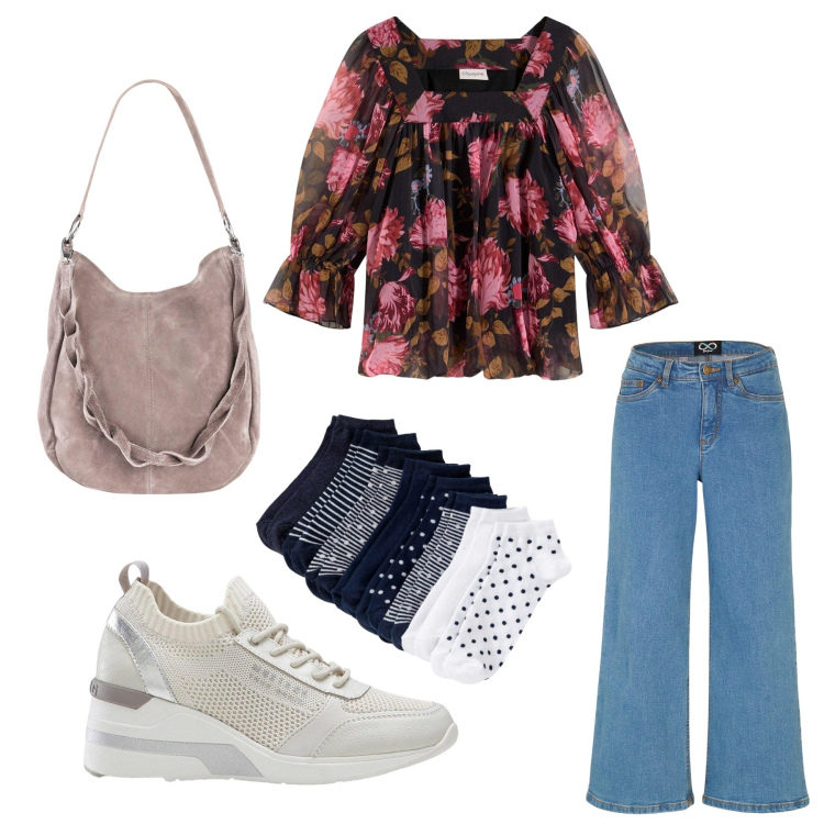 Outfit donna - Total look #2215556. Stile Casual per Tutti i giorni. Abbinamento con bluse, sneakers, jeans, borse a mano, calzini.