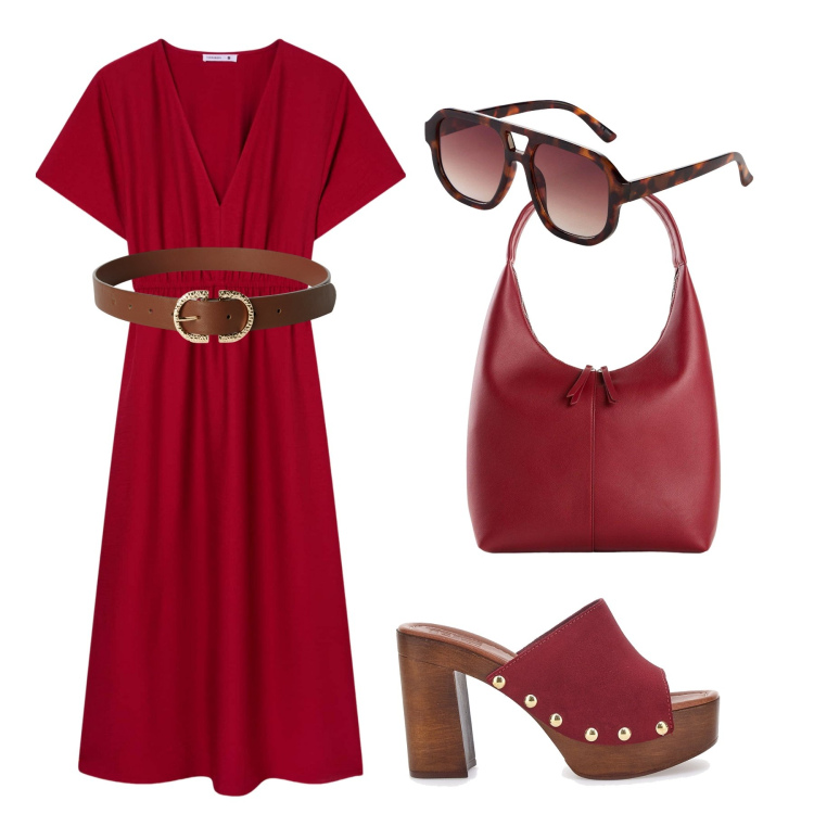 Outfit donna - Rosso india e vinaccia. Stile Boho per Tutti i giorni. Abbinamento con shopping bag, occhiali da sole, vestiti lunghi, cinture, zoccoli.