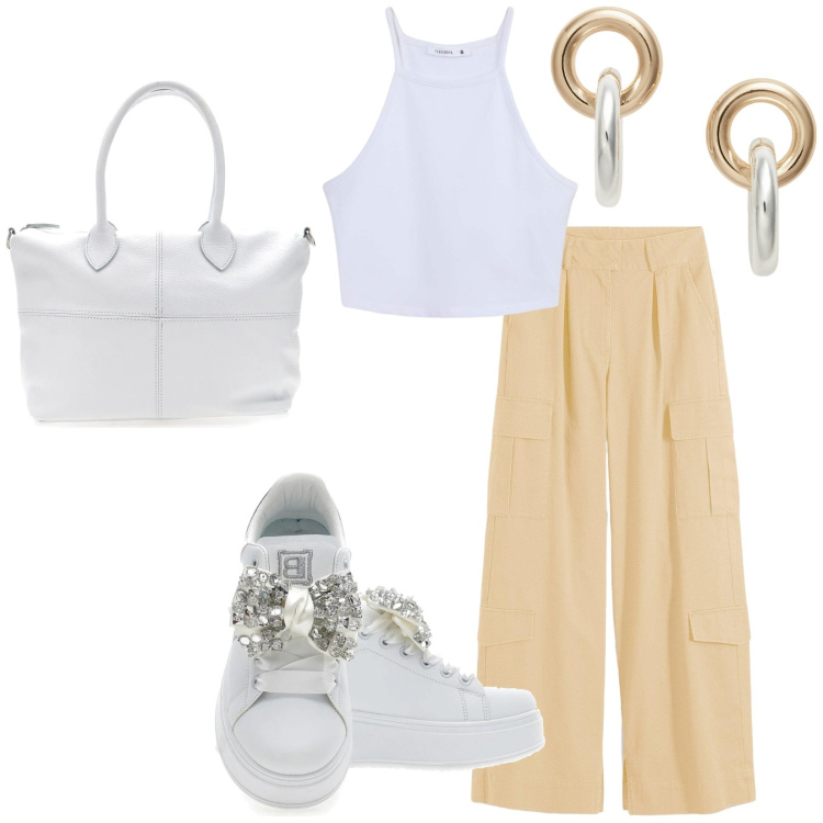 Outfit donna - Total look #2215559. Stile Casual per Tutti i giorni. Abbinamento con pantaloni cargo, top sportivi, orecchini, sneakers, borse a mano.