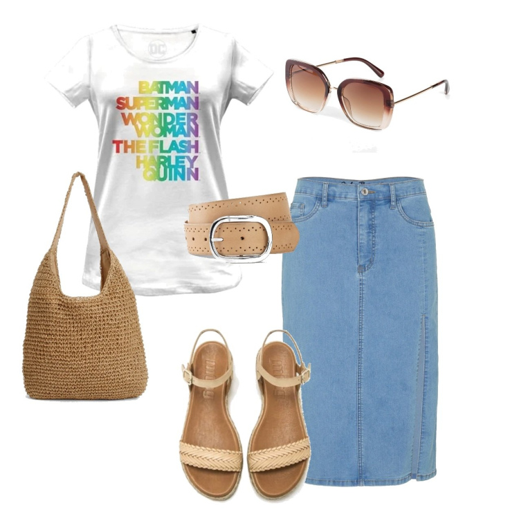Outfit femme - Casual chic #13284. Style Casual chic pour Tous les jours. Assortir avec jupes longues, lunettes de soleil, ceintures, t-shirts, sandales à talon, sacs à main.