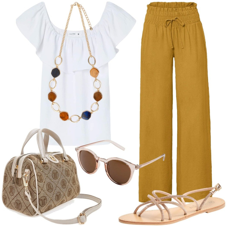 Outfit donna - Urban style. Stile Casual chic per Tutti i giorni. Abbinamento con pantaloni a palazzo, occhiali da sole, bluse, sandali, collane, borse a mano.