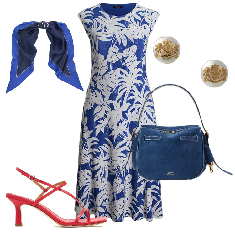Outfit donna - Il vestito firmato. Stile Chic per Serata fuori. Abbinamento con vestiti, foulard, orecchini, borse a mano, sandali in pelle.