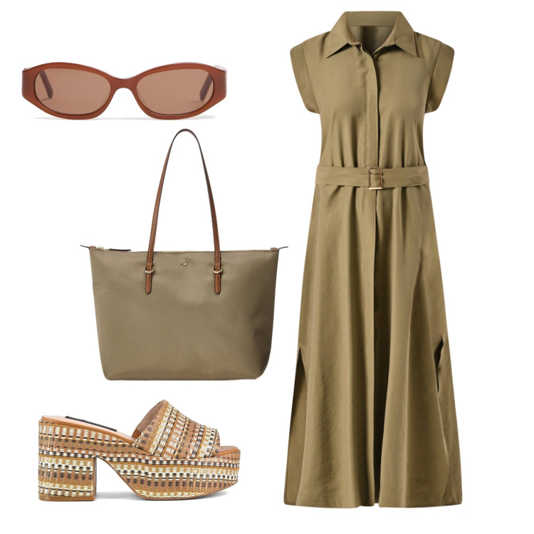 Outfit donna - Sandali zoccolo in rafia. Stile Urban per Tutti i giorni. Abbinamento con vestiti chemisier, borse tote, zeppe, occhiali da sole.