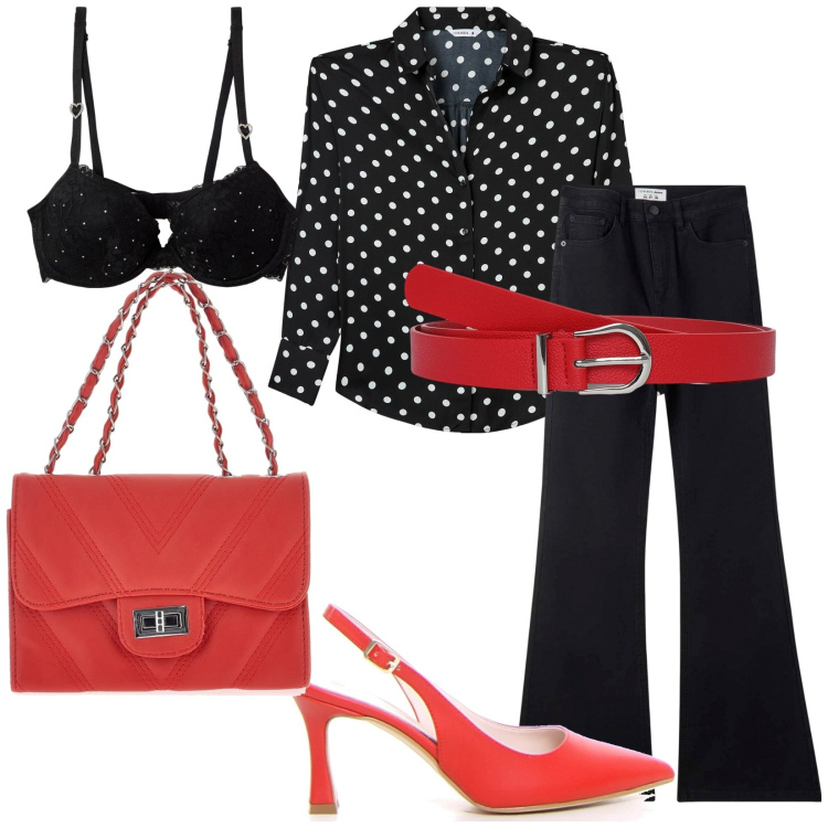 Outfit donna - Aperitivo con le colleghe. Stile Bon Ton per Ufficio. Abbinamento con jeans a zampa, cinture, camicie, reggiseni push-up, décolleté, borse a tracolla.