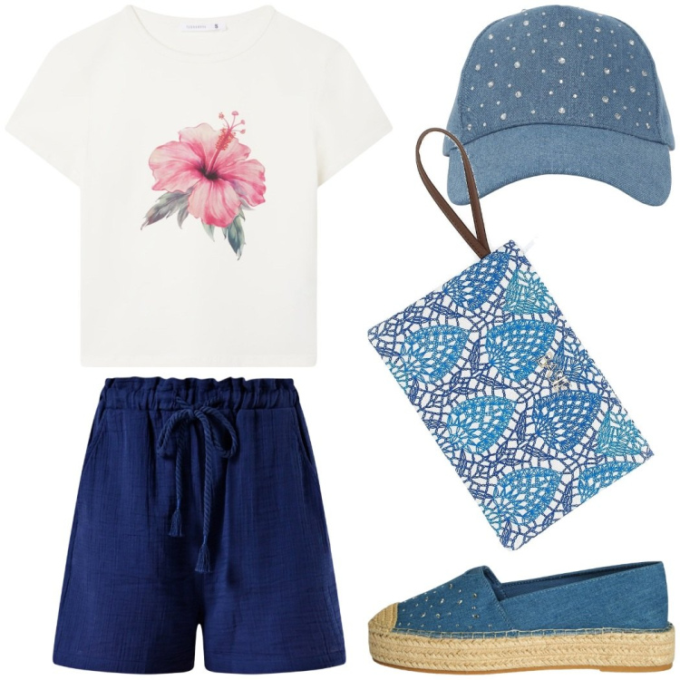 Outfit donna - Total look #2215577. Stile Casual per Tutti i giorni. Abbinamento con cappelli, espadrillas, t-shirt, shorts, pochette.