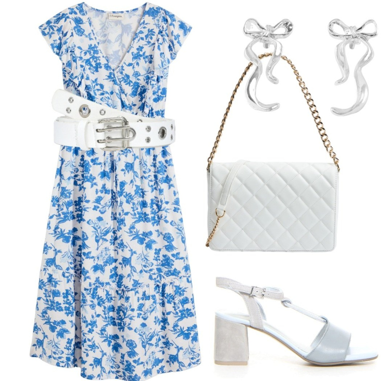 Outfit donna - Total look #2215580. Stile Romantica per Tutti i giorni. Abbinamento con vestiti midi/longuette, cinture, orecchini, borse a tracolla, sandali col tacco.