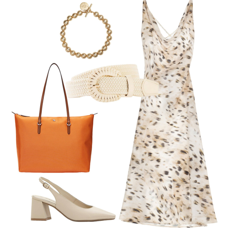 Outfit donna - Un abito leggero. Stile Boho per Tutti i giorni. Abbinamento con décolleté, cinture, vestiti, borse tote, braccialetti.