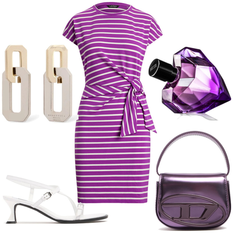 Outfit donna - Total look #2215586. Stile Bon Ton per Tutti i giorni. Abbinamento con profumi, vestiti, sandali in pelle, orecchini, borse a mano.