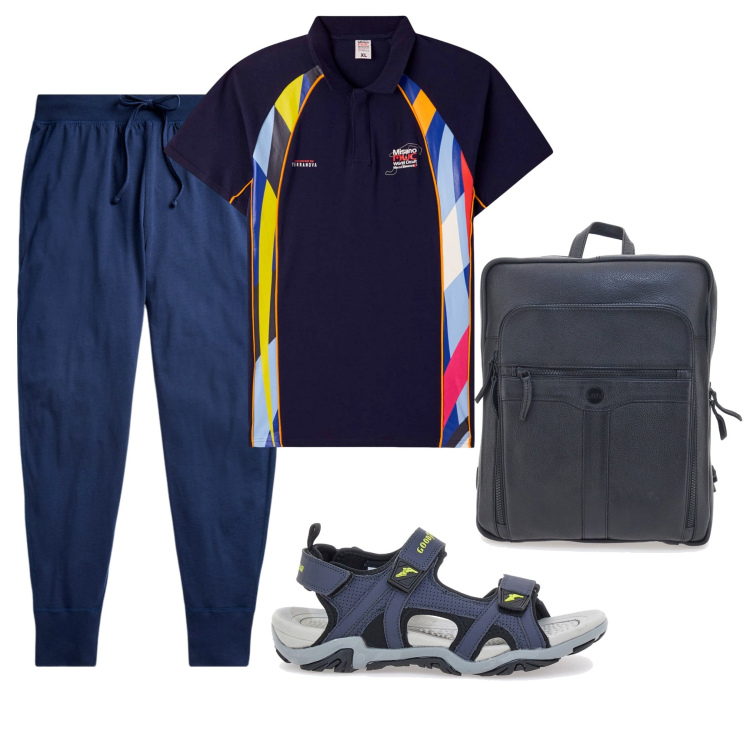 Outfit uomo - Polo in maglia leggera 2. Stile Casual per Tutti i giorni. Abbinamento con polo, pantaloni, borse sportive, sandali.