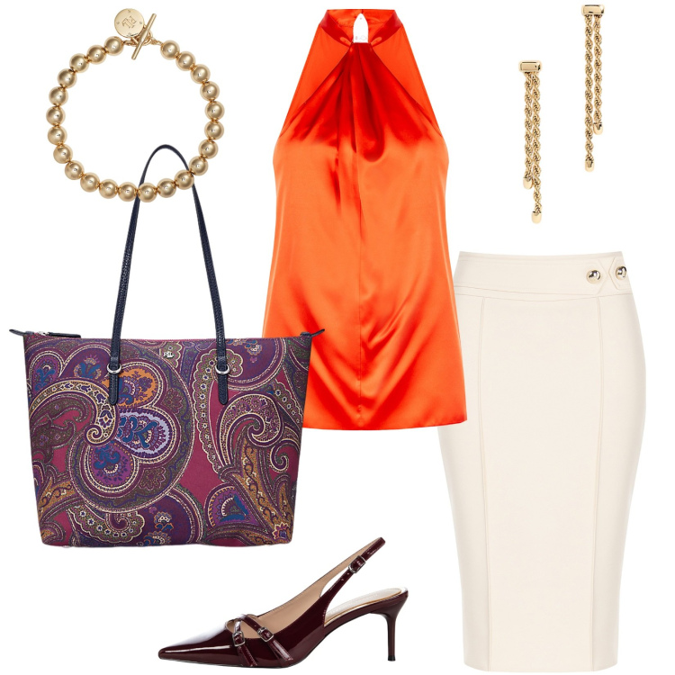 Outfit donna - Arancione, per un\'estate emozionante. Stile Chic per Serata fuori. Abbinamento con décolleté, gonne, top, borse tote, braccialetti, orecchini.