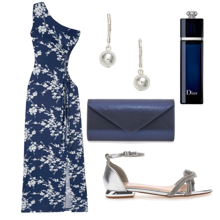 Outfit donna - Serata cut-out raffinata. Stile Chic per Serata fuori. Abbinamento con profumi, vestiti asimmetrici, orecchini, sandali, borse a tracolla.