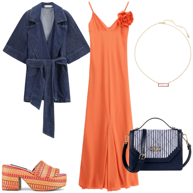 Outfit donna - Arancione, per un\'estate emozionante. Stile Casual chic per Serata fuori. Abbinamento con borse a mano, blazer, vestiti lunghi, collane, zeppe.