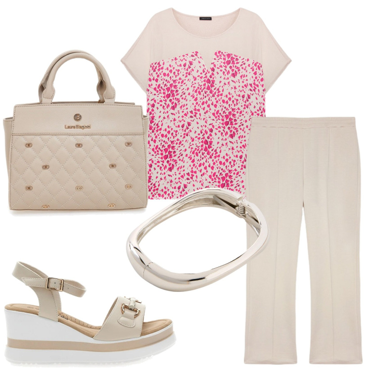 Outfit donna - Comoda in città. Stile Casual per Tutti i giorni. Abbinamento con braccialetti, sandali, pantaloni, borse a mano, bluse.