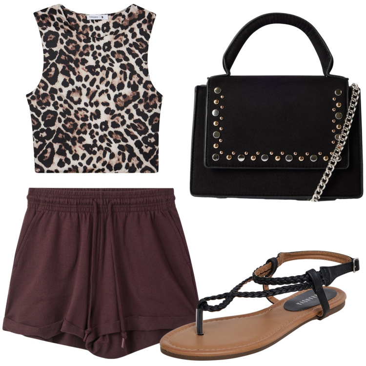 Outfit donna - Aperitivo. Stile Trendy per Tutti i giorni. Abbinamento con top, shorts, ciabatte, borse a tracolla.