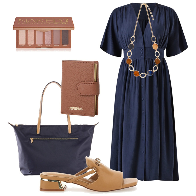 Outfit donna - Ufficio d’estate. Stile Glamour per Ufficio. Abbinamento con shopping bag, ombretti, vestiti chemisier, portafogli, ciabatte, collane.