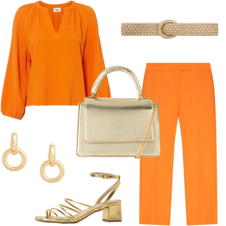 Outfit donna - Arancione: un\'estate, mille emozioni. Stile Glamour per Serata fuori. Abbinamento con bluse, sandali col tacco, borse a tracolla, cinture, pantaloni, orecchini.