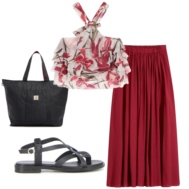 Outfit donna - Serata tranquilla. Stile Rock per Serata fuori. Abbinamento con gonne lunghe, canottiere, sandali, shopping bag.