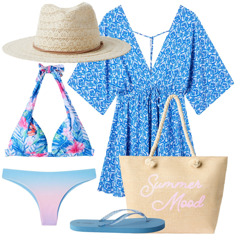 Outfit donna - Summer mood. Stile Casual per Mare. Abbinamento con bikini, cappelli, vestiti corti, infradito, bikini, borse tote.