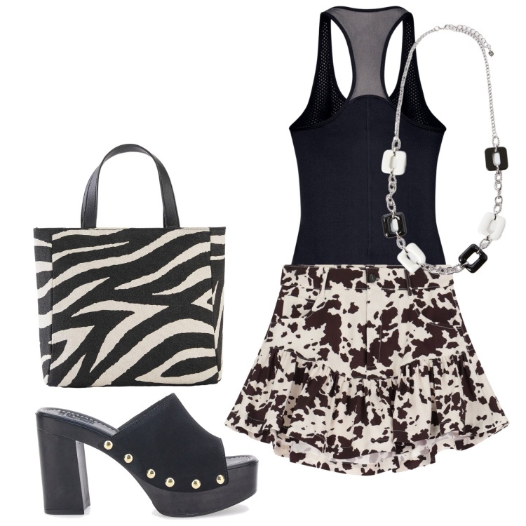 Outfit donna - Svolazzante in bianco e nero. Stile Trendy per Tutti i giorni. Abbinamento con borse a mano, minigonne, zoccoli, canottiere, collane.