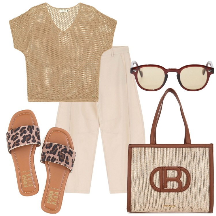 Outfit donna - Non solo in vacanza. Stile Casual per Tutti i giorni. Abbinamento con maglieria, occhiali da sole, pantaloni, borse a spalla, ciabatte.