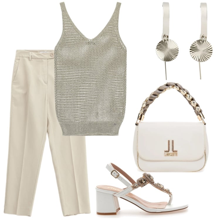 Outfit donna - Agosto. Stile Bon Ton per Tutti i giorni. Abbinamento con orecchini, canottiere, pantaloni chino, sandali gioiello, borse a tracolla.