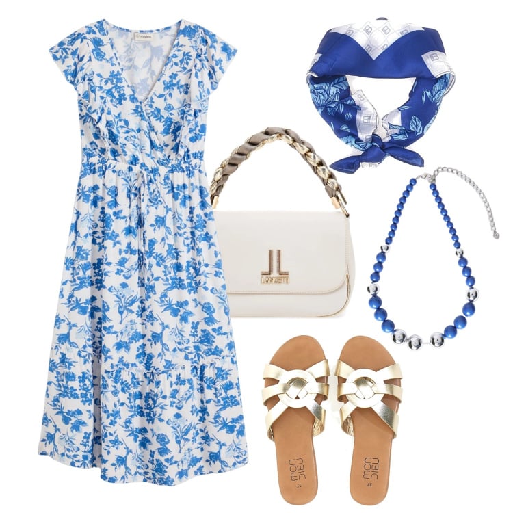 Outfit donna - I colori del mare in città. Stile Trendy per Tutti i giorni. Abbinamento con vestiti midi/longuette, ciabatte, collane, borse a tracolla, foulard.