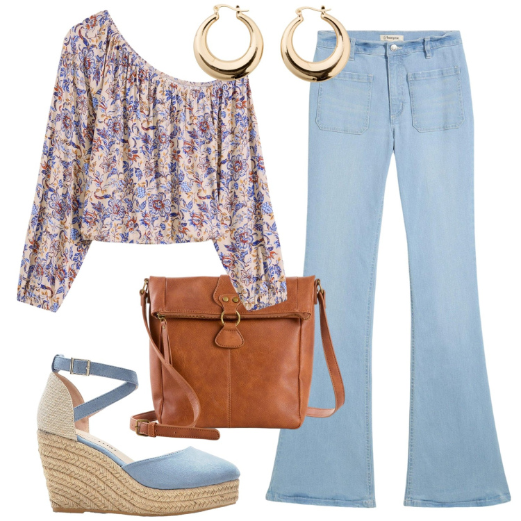 Outfit donna - Jeans a zampa. Stile 70s per Tutti i giorni. Abbinamento con borse a tracolla, bluse, jeans bootcut, sandali, orecchini.
