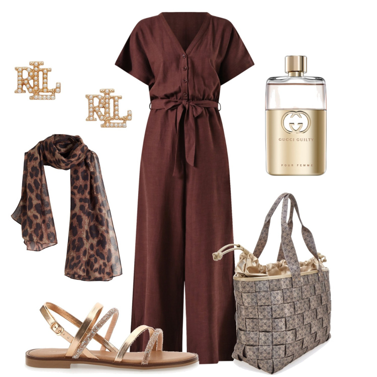 Outfit donna - Jumpsuit da mattina a sera. Stile Glamour per Tutti i giorni. Abbinamento con sciarpe, profumi, tute, orecchini, sandali, borse a spalla.