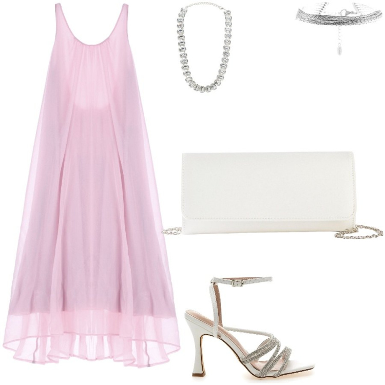 Outfit donna - Cena in una terrazza sul male. Stile Chic per Serata fuori. Abbinamento con pochette, collane, vestiti lunghi, braccialetti, sandali gioiello.