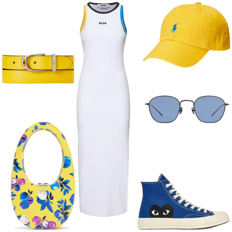 Outfit donna - Sportiva. Stile Sporty chic per Tutti i giorni. Abbinamento con cappelli, braccialetti, sneakers, borse a mano, vestiti midi/longuette, occhiali da sole.