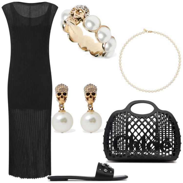 Outfit donna - Nero elegante. Stile Glamour per Tutti i giorni. Abbinamento con collane, orecchini, anelli, borse a mano, vestiti lunghi, sandali gioiello.