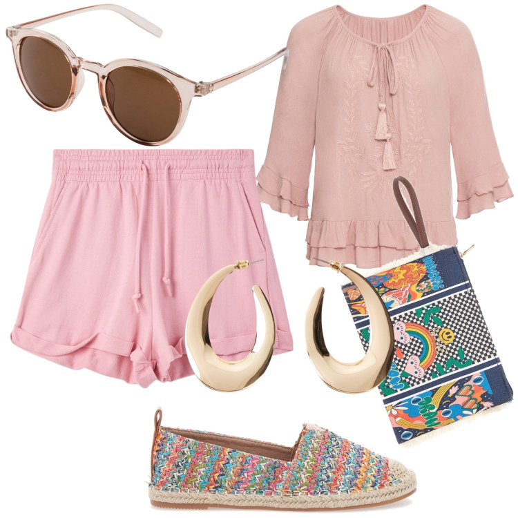 Outfit donna - Pink boho. Stile Boho per Tutti i giorni. Abbinamento con tuniche, occhiali da sole, orecchini, shorts, espadrillas, pochette.