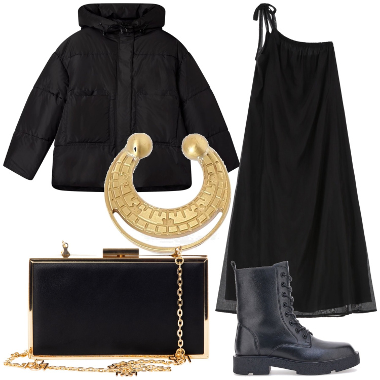 Outfit donna - Chic serata in montagna. Stile Glamour per Serata fuori. Abbinamento con bomber, pochette, vestiti lunghi, anfibi, orecchini.