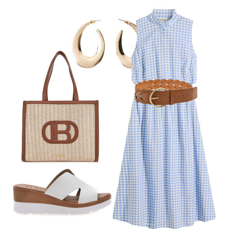 Outfit donna - Ancora in vacanza. Stile Romantica per Tutti i giorni. Abbinamento con vestiti, orecchini, cinture, borse a spalla, ciabatte.