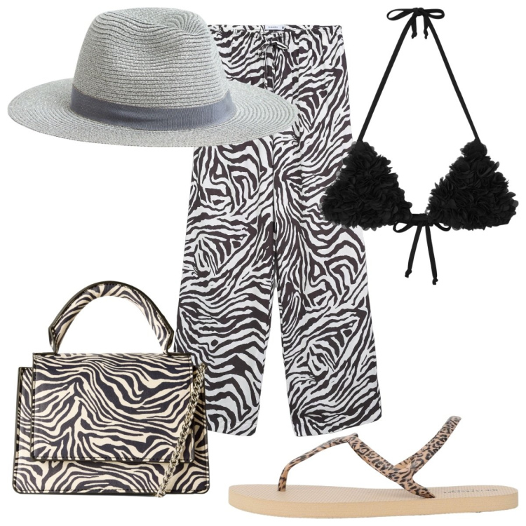 Outfit donna - Terranova- zebrata in vacanza. Stile Trendy per Mare. Abbinamento con borse a tracolla, cappelli, pantaloni, ciabatte, bikini.