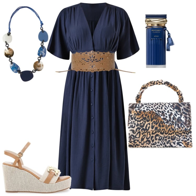 Outfit donna - Chemisier blu e borsa animalier. Stile Casual per Ufficio. Abbinamento con profumi, cinture, vestiti chemisier, zeppe, pochette, collane.