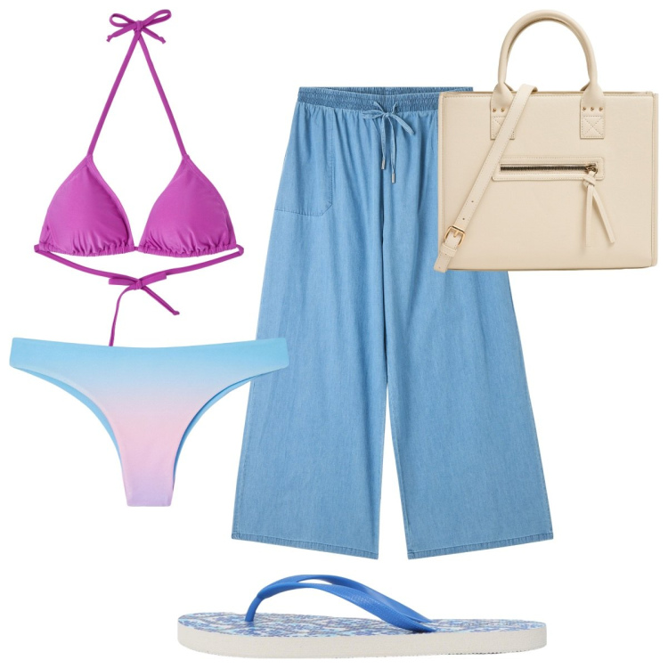 Outfit donna - Terranova - trendy in Riviera. Stile Trendy per Mare. Abbinamento con pantaloni a palazzo, bikini, infradito, bikini, shopping bag.