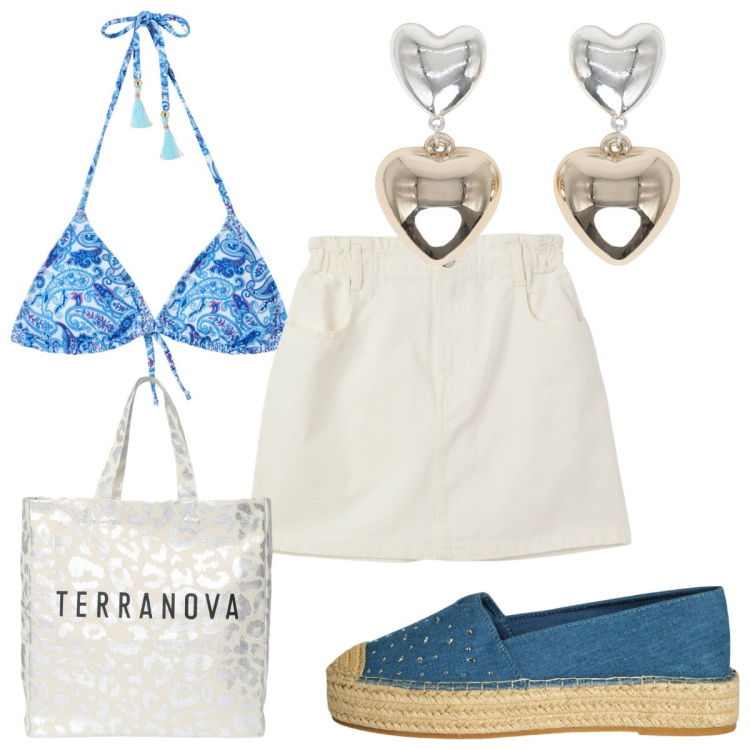 Outfit donna - Terranova - vacanze boho. Stile Boho per Mare. Abbinamento con orecchini, bikini, minigonne, espadrillas, borse tote.