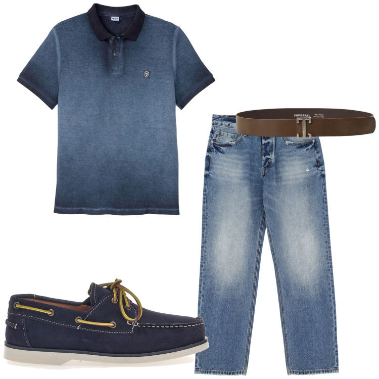 Outfit uomo - Casual in ufficio. Stile Casual per Ufficio. Abbinamento con polo, jeans, cinture, scarpe stringate.