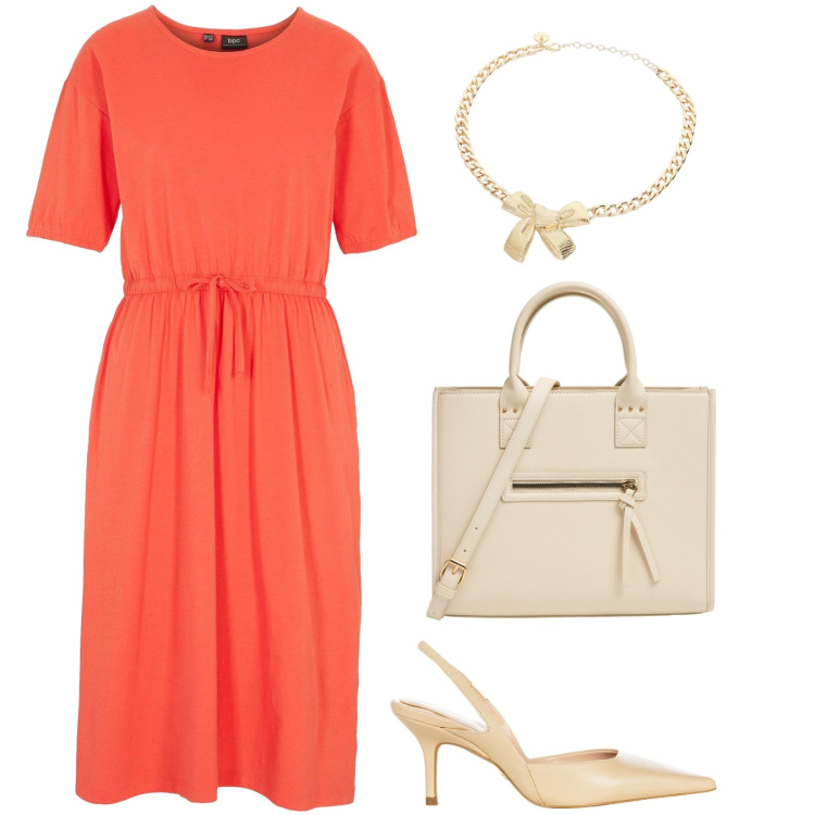 Outfit donna - Arancione caldo. Stile Casual chic per Ufficio. Abbinamento con vestiti, shopping bag, décolleté, collane.