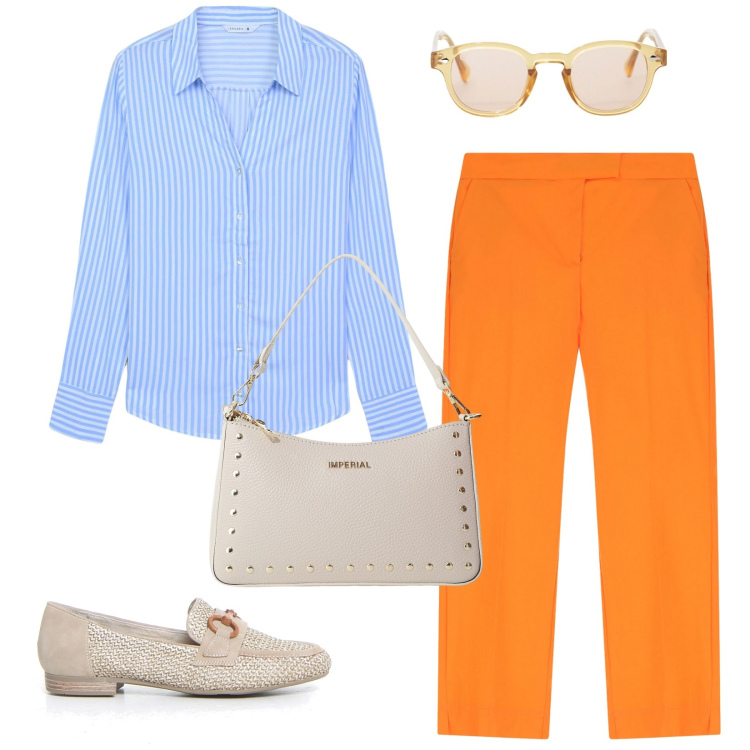 Outfit donna - in ufficio con brio. Stile Casual chic per Ufficio. Abbinamento con camicie, pantaloni, occhiali da sole, borse a spalla, mocassini.