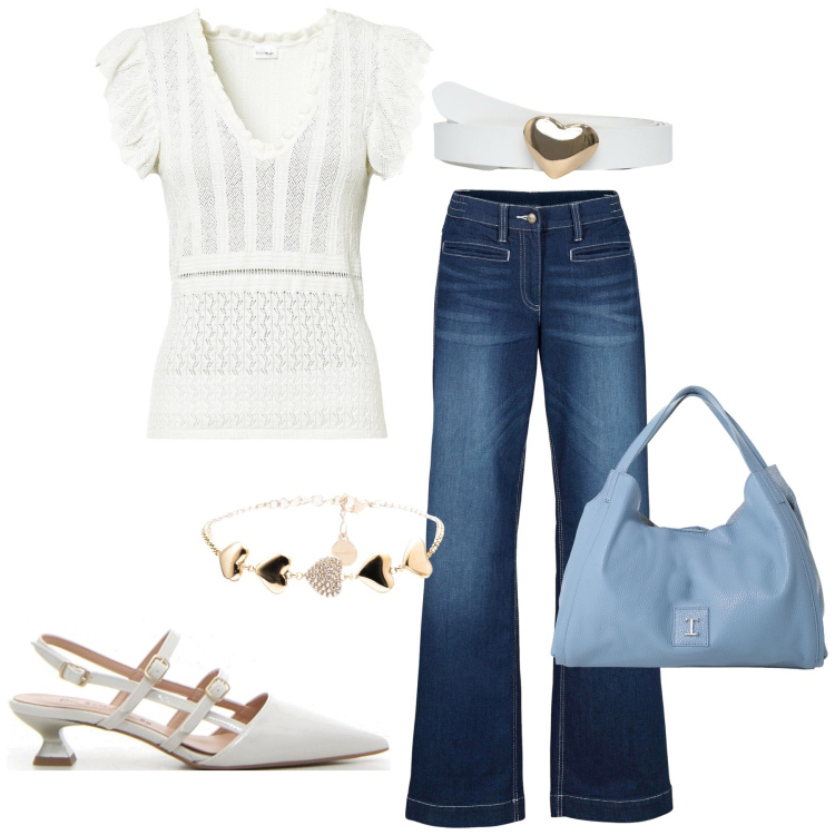 Outfit donna - In jeans non si sbaglia. Stile Romantica per Ufficio. Abbinamento con bluse, jeans, cinture, pochette, braccialetti, décolleté.