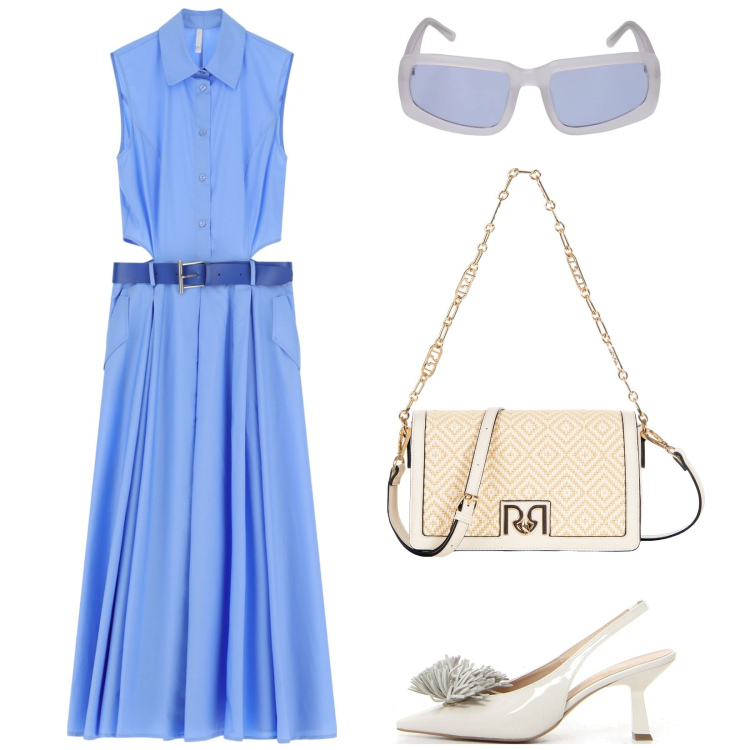 Outfit donna - Tagli strategici. Stile Casual chic per Serata fuori. Abbinamento con borse a tracolla, vestiti senza maniche, occhiali da sole, décolleté.